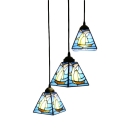 Triple Head Sailboat Hanging Light Nautical Tiffany Stained Glass Pendant Light in Blue