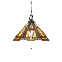 Craftsman Tiffany Geometric Hanging Lamp Stained Glass 3 Head Lighting Fixture in Multi Color