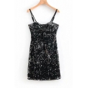 Classic Black Spaghetti Straps Mini Bodycon Sequined Slip Dress for Party