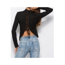 Hot Style Long Sleeve High Neck Lace Up Hollow Out Back Plain Fitted Tee