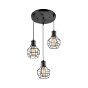 Vintage Industrial Style Three Light Cage LED Multi Light Pendant Light in Black Finish