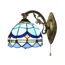 Pull Chain Dome Wall Lamp Nautical Tiffany Style Stained Glass Wall Sconce in Blue For Staircase