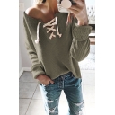 Long Sleeve V Neck Lace Up Front Plain Loose Knit Tee