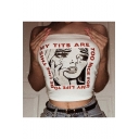 Fashion Letter Cartoon Crying Girl Printed White Cropped Tight Bandeau Top