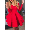Sexy Long Sleeve V Neck Plain Party Evening Red Mini A-Line Dress