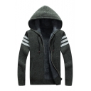 Hot Dark Green Striped Pattern Zip Front Hooded Knitted Jacket with Fleece Lining