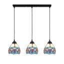 Adjustable 3 Lights Dome Pendant Light Tiffany Style Stained Glass Suspended Light in Blue