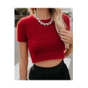 Pop Fashion Black Round Neck Short Sleeves Cropped Plain Top for Women