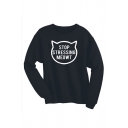 Stylish Long Sleeve Round Neck Letter Cartoon Cat Printed Black Sweatshirt