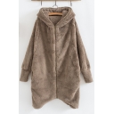 Long Sleeve Plain Leisure Double-Faced Fleece Zip Placket Hooded Coat