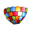 2-Light Multicolored Grid Motif Tiffany Stained Glass Scone Lighting with Semi-Circle Shade 12-Inch Wide