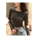 Round Neck Cut Out Long Sleeve Basic Solid Gray Slim Fitted T-Shirt