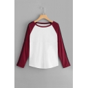 New Trendy Colorblock Round Neck Long Sleeve White Casual T-Shirt