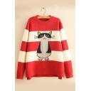 Crewneck Long Sleeve Striped Cartoon Cat Pattern Loose Fitted Sweater