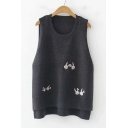 Lovely Cartoon Rabbit Embroidered Round Neck Sleeveless High Low Hem Knit Vest Sweater
