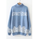 High Neck Long Sleeve Letter CACTUS Printed Warm Soft Sweater
