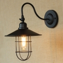 1 Light Wire Guard Wall Sconce Vintage Nautical Metal Accent Lighting Fixture in Black