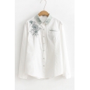 Chic Floral Embroidered Lapel Collar Long Sleeve White Cotton Button Shirt