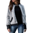 Street Style Long Sleeve Stand Collar PU Patched Zip Placket Gray Coat