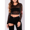 Sexy Sheer Mesh Embroidered Floral Crew Neck Long Sleeve Crop T-Shirt