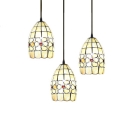 3 Lights Floral Drop Light Tiffany Retro Style Adjustable Shelly Pendant Light in Beige