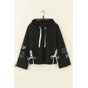 Cartoon Lovely Cat Pattern Lace-Up Side Long Sleeve Loose Fitted Hoodie