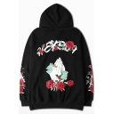 Unisex Long Sleeve Casual Letter Hand Rose Floral Printed Oversize Black Hoodie