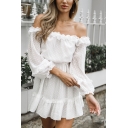 White Long Sleeve Off The Shoulder Ruffle Detailing Polka Dot Printed Mini A-Line Dress