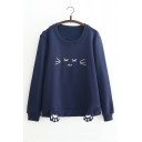 Cute Cartoon Cat Printed Cat Claw Embellished Long Sleeve Round Neck Leisure Pullover Sweatshirt