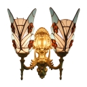 Sky Blue Butterfly Wall Sconce Tiffany Style Rippled Glass 2 Light Wall Lamp for Restaurant