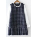 Long Sleeve Round Neck Plaid Pattern Patched Fake Two Piece Mini Dress
