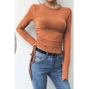 Popular Caramel Round Neck Long Sleeves Ruched Drawstring Side Cropped Slim Tee Top