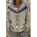Hooded Long Sleeve Colorblock Knit Gray Casual Sweater