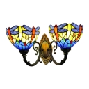 Dragonfly Bowl Wall Sconce Tiffany Stained Glass 2 Heads Wall Mount Light in Multi Color