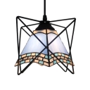 Geometric Shade Hanging Lamp Vintage Stained Glass Pendant Light in Blue with Iron Frame