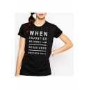 Trendy Short Sleeve Round Neck Letter Printed Loose Fashion Black Cotton Tee