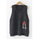 Lovely Cartoon Braid Printed High Low Round Neck Knit Vest Sweater
