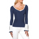 Fancy Colorblock Two-Tone V-Neck Long Sleeve Flared Cuff Ribbed Knit Slim T-Shirt