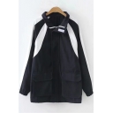 Lapel Collar Long Sleeve Colorblock Zip Front Elastic Cuff Coat