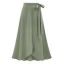Chic Plain Tie Waist Wrapped Asymmetric Hem Midi Skirt