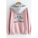Lovely Long Sleeve Cute Cartoon Cat Letter Embroidered Zip Placket Hooded Coat