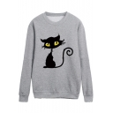 New Fashion Long Sleeve Round Neck Cartoon Cat Printed Loose Sweatshirt