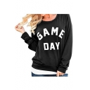 Cozy Long Sleeve Crewneck Letter GAME DAY Printed Cotton Sweatshirt