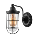 Lantern Single Light Wall Sconce in Black with Clear Glass Shade Industrial Style Wire Cage Wall Lighting for Hallway Farmhouse