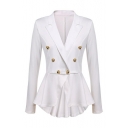 Classic Notched Lapel Collar Long Sleeve Double Breasted Solid Slim Fitted Blazer for Office Ladies