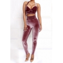 Hot Fashion Sexy Straps V Neck Cropped Top Elastic Waist Plain Pants Sports Co-ords