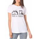 Cartoon Letter TACOS & TEQUILA Printed Short Sleeve Round Neck White Cotton Tee