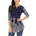 Women's Round Neck Three-Quarter Sleeve Fashion Pattern Pleated Button Front Blouse
