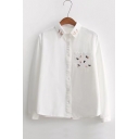 Lovely Cartoon Embroidered Pocket Patched Chest Lapel Collar Long Sleeve White Shirt