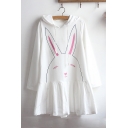 Girls' Cute Cartoon Rabbit Printed Hooded Long Sleeve Mini Cotton Swing Dress